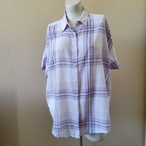 New Lord & Taylor Plaid Cotton Button Down Womens Shirt XL Short Sleeve Purple